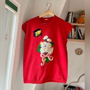 Vintage red sweatshirt tshirt with flowers butterfly